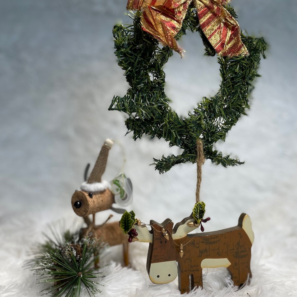 Christmas Wreath Door Hanger and Reindeer Ornament Set of 2